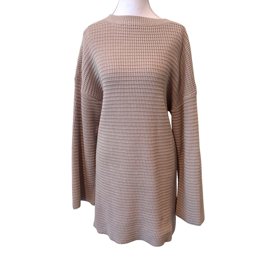 Waffle Knit Sweater Dress Bell Sleeve Oatmeal Mini Commense S
